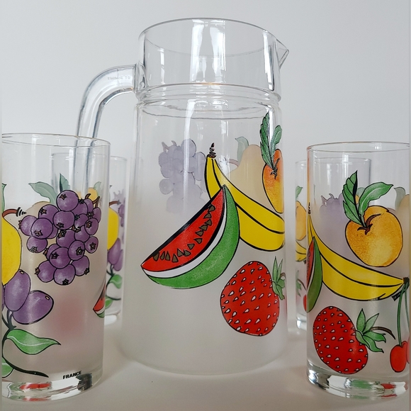 🍉Vintage French Frosted Glass Fruit Punch Set - 1 Pitcher and 4 Glasses - Picture 8 of 8